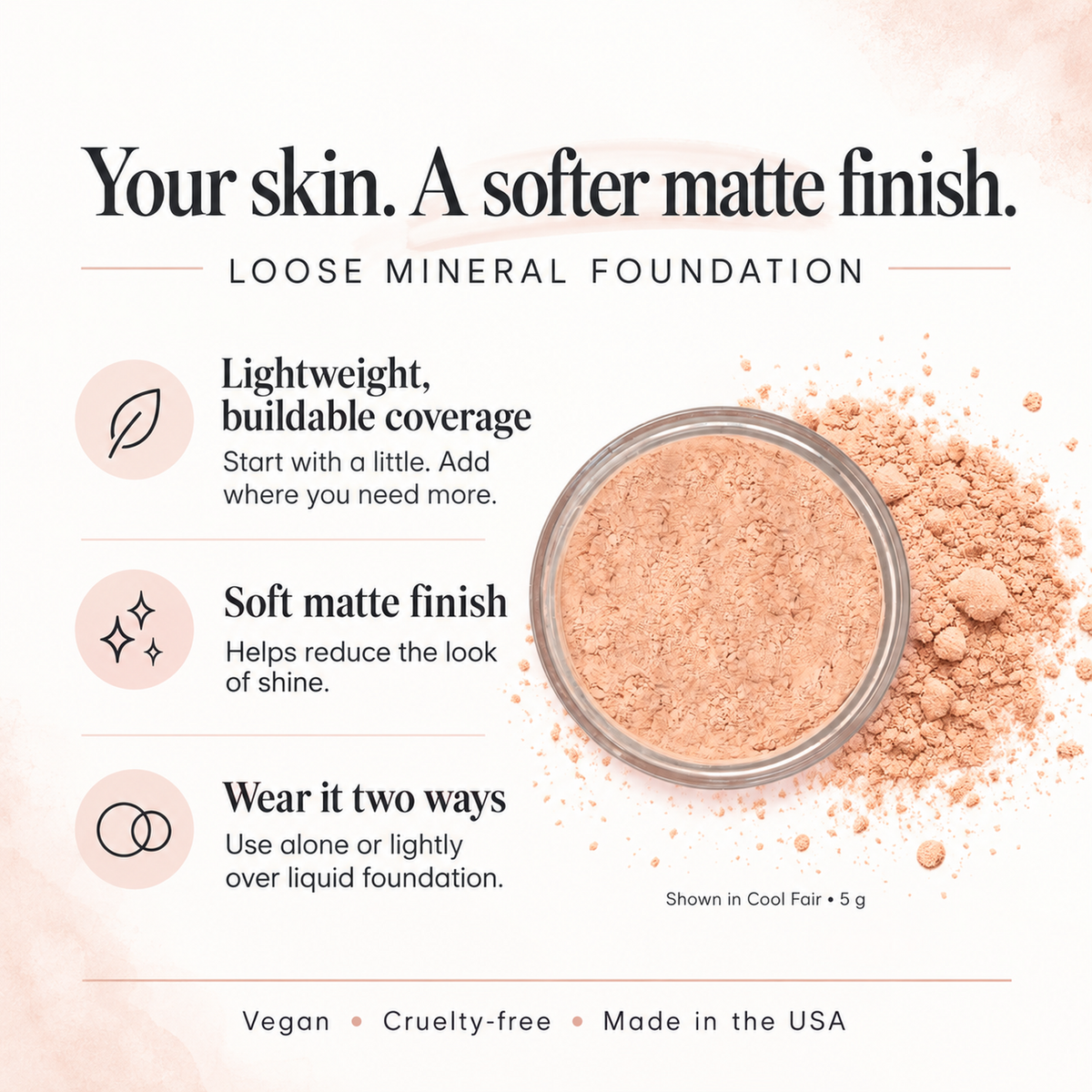 Taylor Made Organics loose mineral foundation in a jar, showcasing natural, lightweight coverage with three benefits highlighted.