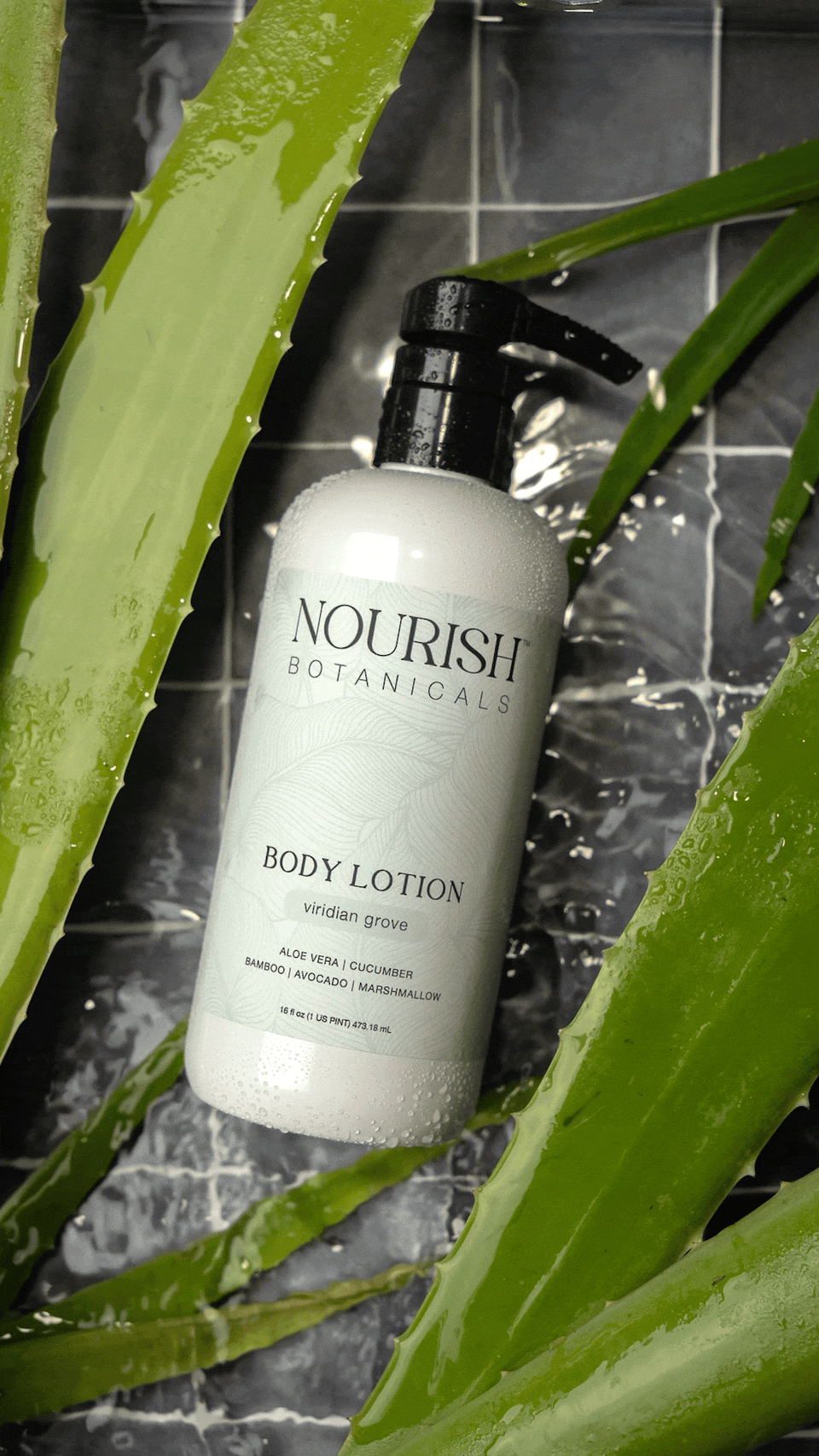 Rustic Strength Aloe Vera Body Lotion by Viridian Grove, smooth lotion in a pump bottle, suitable for moisturizing and soothing skin.
