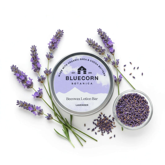 Bluecorn Beeswax Lotion Bar with lavender scent, apothecary-style natural skincare product from Bluecorn Candles.