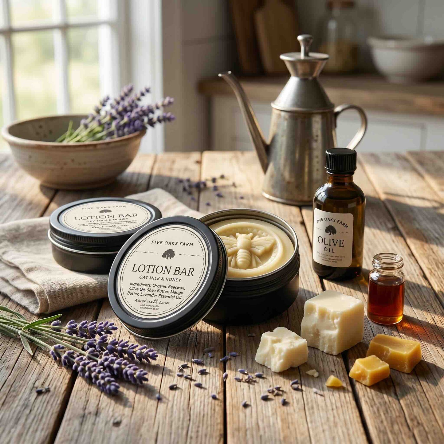Natural lotion bar from Five Oaks Farm, handcrafted skincare product with a smooth, solid texture for moisturizing skin.