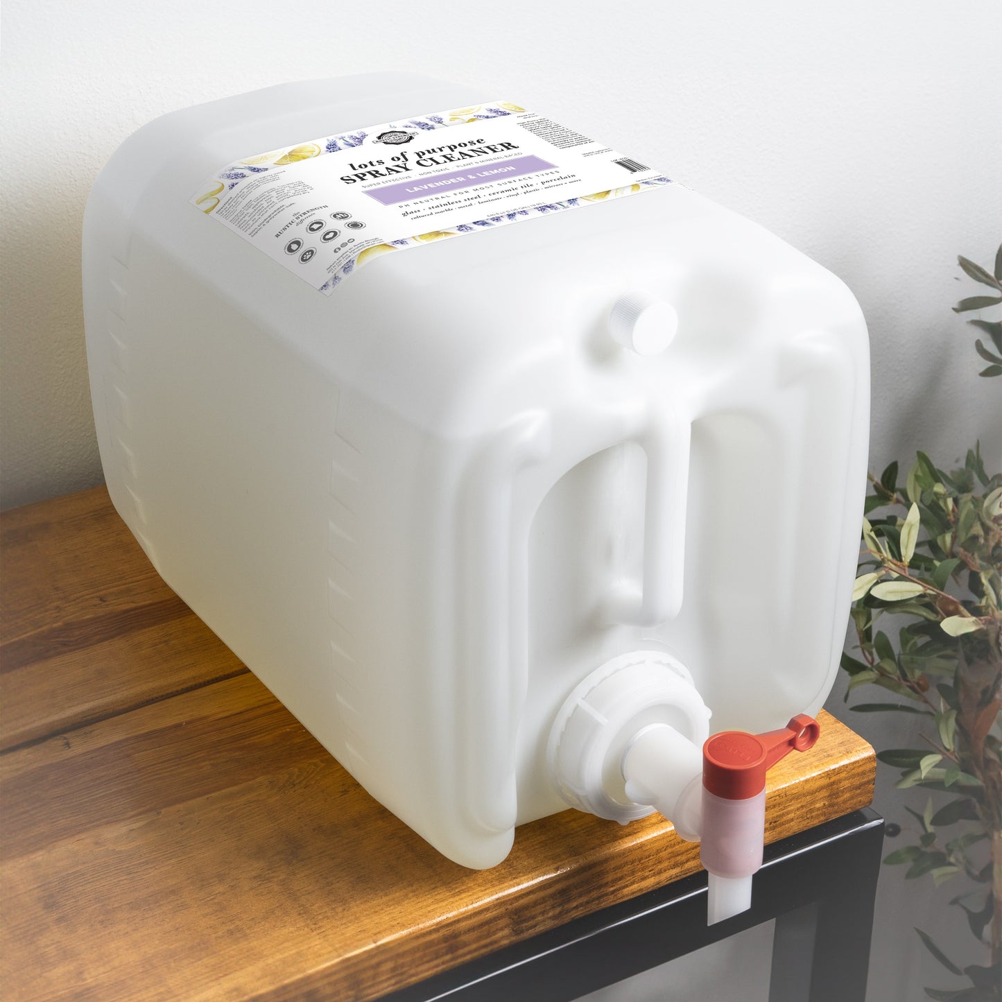 Rustic Strength lavender and lemon multi-purpose spray cleaner in a 5-gallon container, ideal for versatile cleaning tasks.