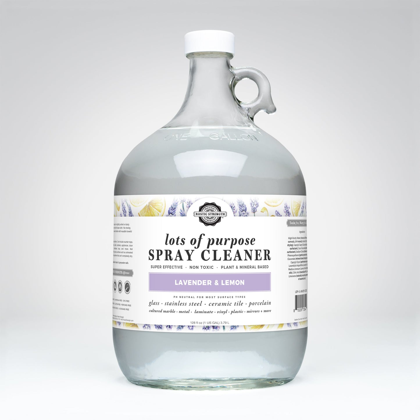 Rustic Strength lavender and lemon multi-purpose spray cleaner in a gallon bottle, ideal for cleaning various surfaces.