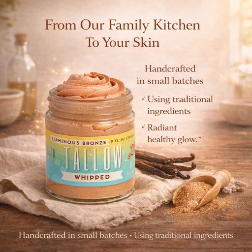 Lady May Tallow luminous bronze whipped tallow moisturizer bronzer in a 9 oz body cream with a sunny, glowing appearance.