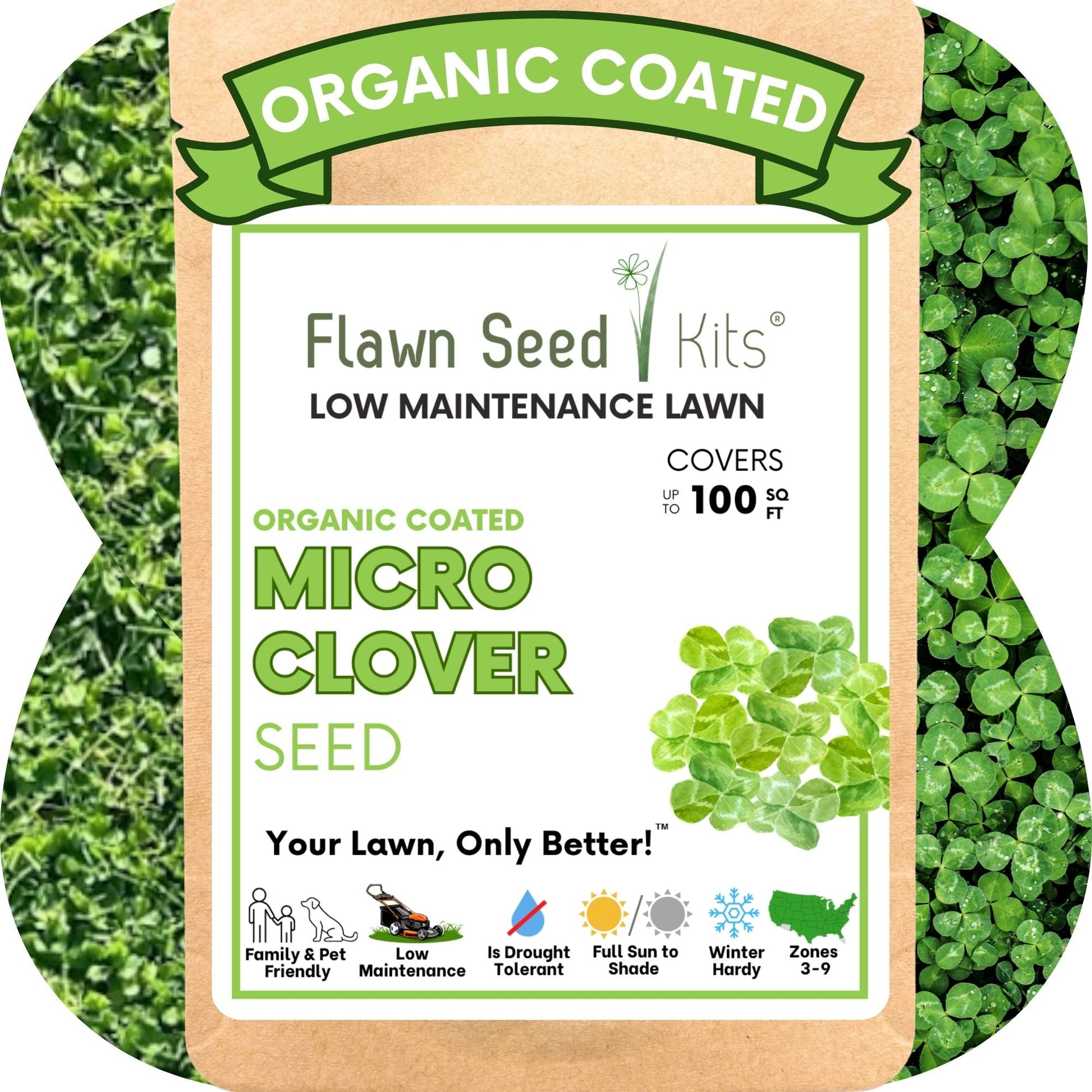 Micro clover seed pouches from Flawn Seed Kits, showing seed tape and packaging for easy planting.