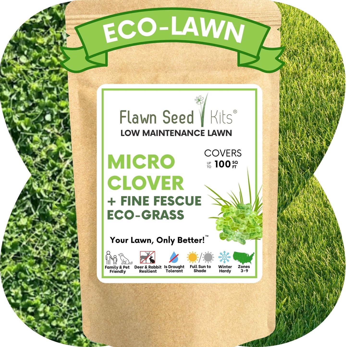 Micro clover and Mow Less grass seed in seed tape from Flawn Seed Kits, showing the seed tape with small green clover and grass seeds.
