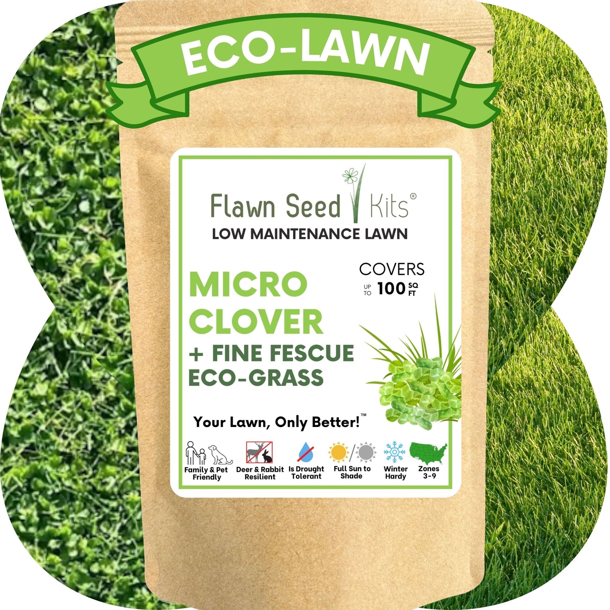 Micro clover and Mow Less grass seed in seed tape from Flawn Seed Kits, showing the seed tape with small green clover and grass seeds.