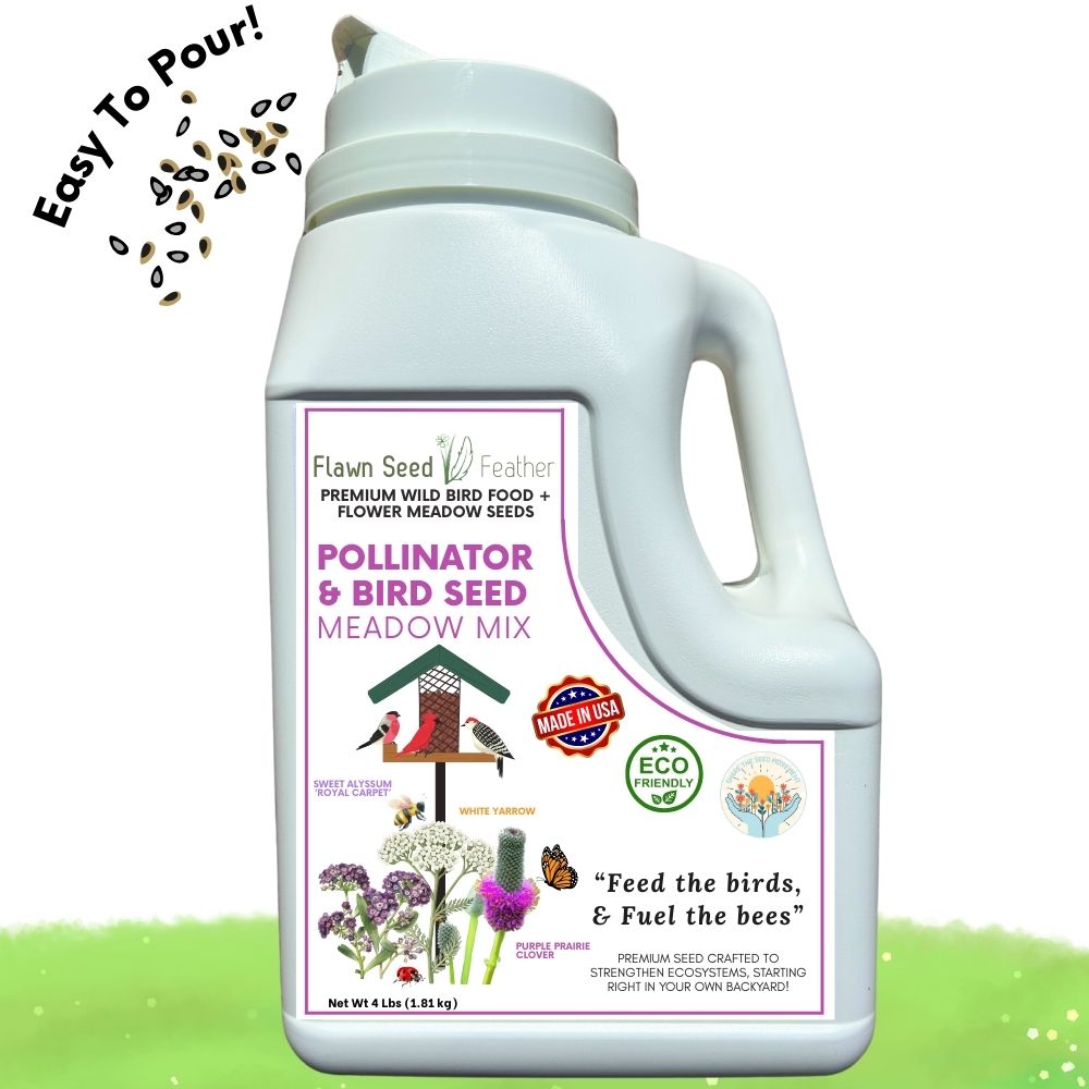 Four-pound jug of Flawn Seed Kits Pollinator and Wild Bird Seed Meadow Mix with vibrant wildflowers and seeds for attracting pollinators.