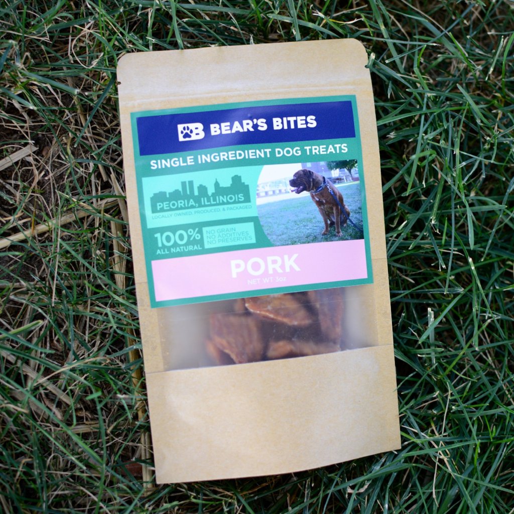 Dehydrated pork loin dog treats from Bear's Bites featuring a single ingredient, natural and savory for dogs.