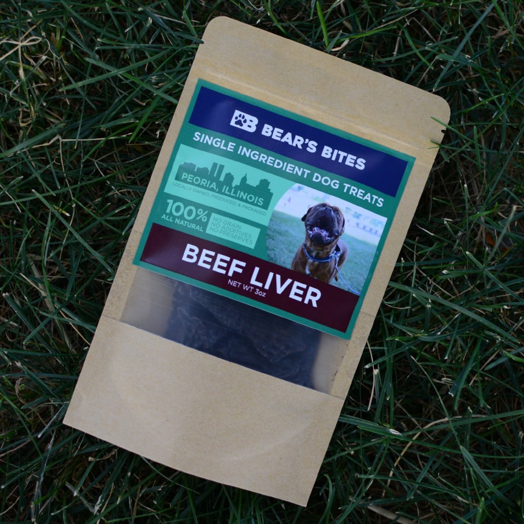 Dehydrated beef liver dog treats from Bear's Bites, showing a close-up of the single ingredient, natural and crunchy.