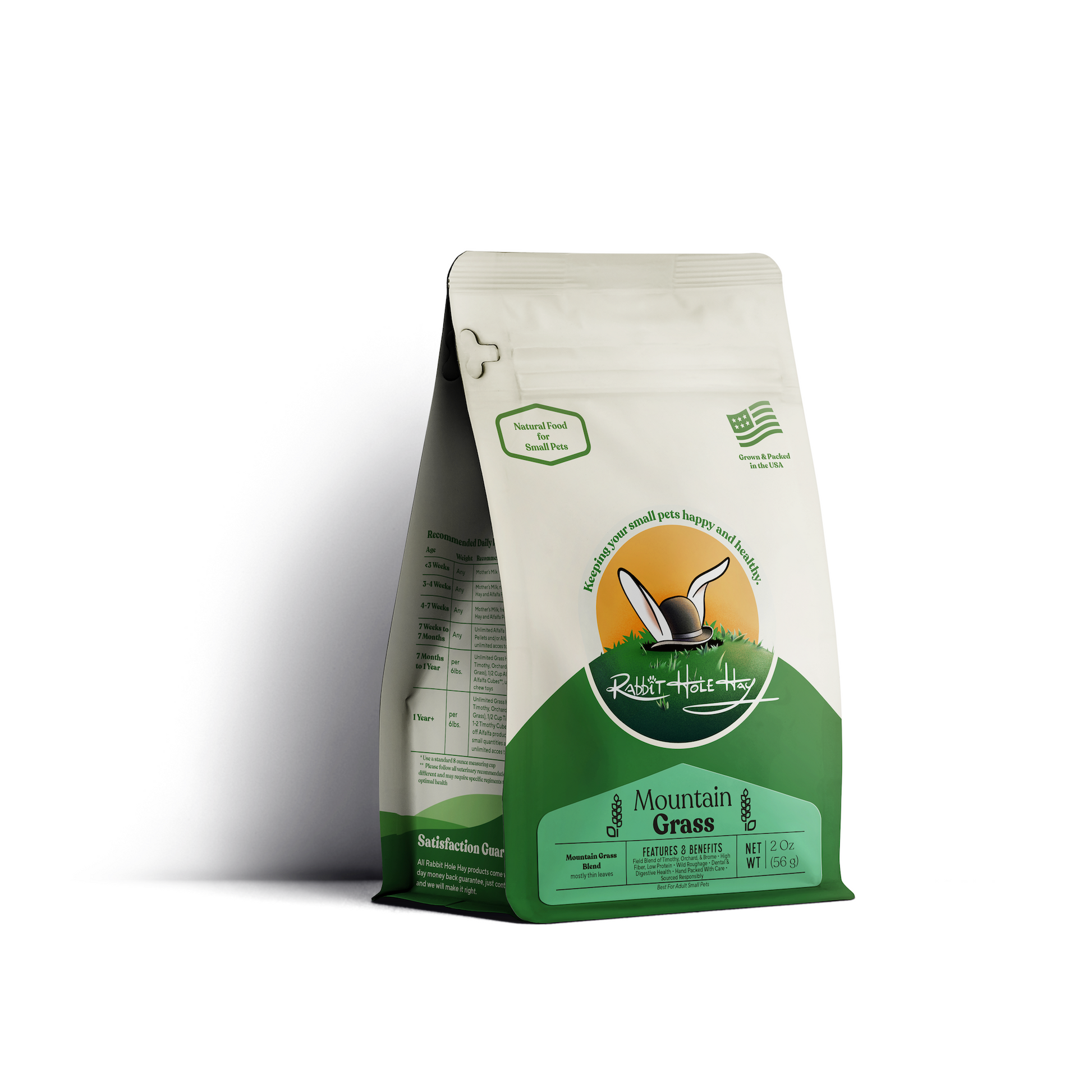 Rabbit Hole Hay Ultra Premium Mountain Grass hay in a clear bag, showing fresh, green mountain grass ideal for small pets or rabbits.