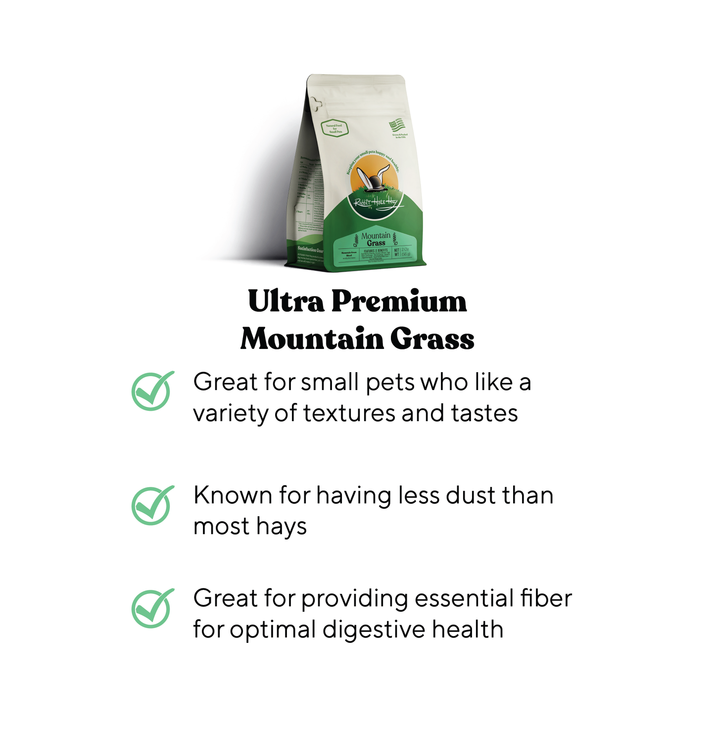Rabbit Hole Hay Ultra Premium Mountain Grass hay in a clear bag, showcasing fresh, green mountain grass ideal for small animals.