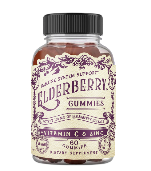Elderberry gummies with Vitamin C and Zinc from Roots and Leaves LLC, shown in a transparent mockup image.