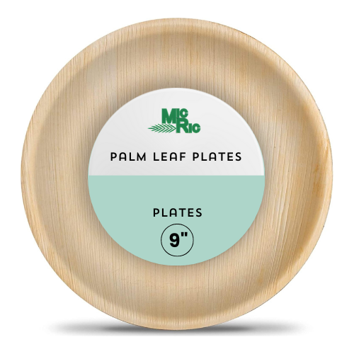 Set of 9-inch round palm leaf plates by MicRic, 300-pack, natural eco-friendly disposable dinnerware for parties and events.