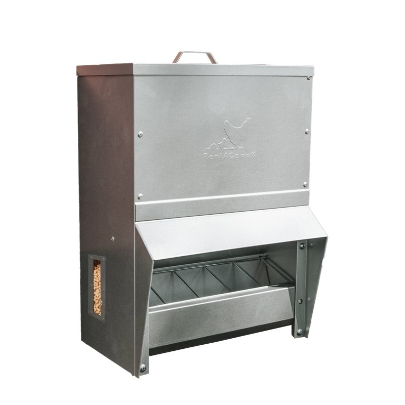 RentACoop galvanized chicken feeder with a 25lb capacity, featuring a durable design for poultry feeding.