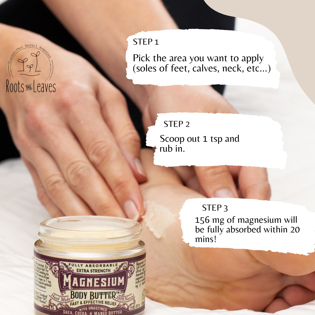 Creamy magnesium body butter from Roots and Leaves LLC, showing smooth, rich texture and natural packaging.