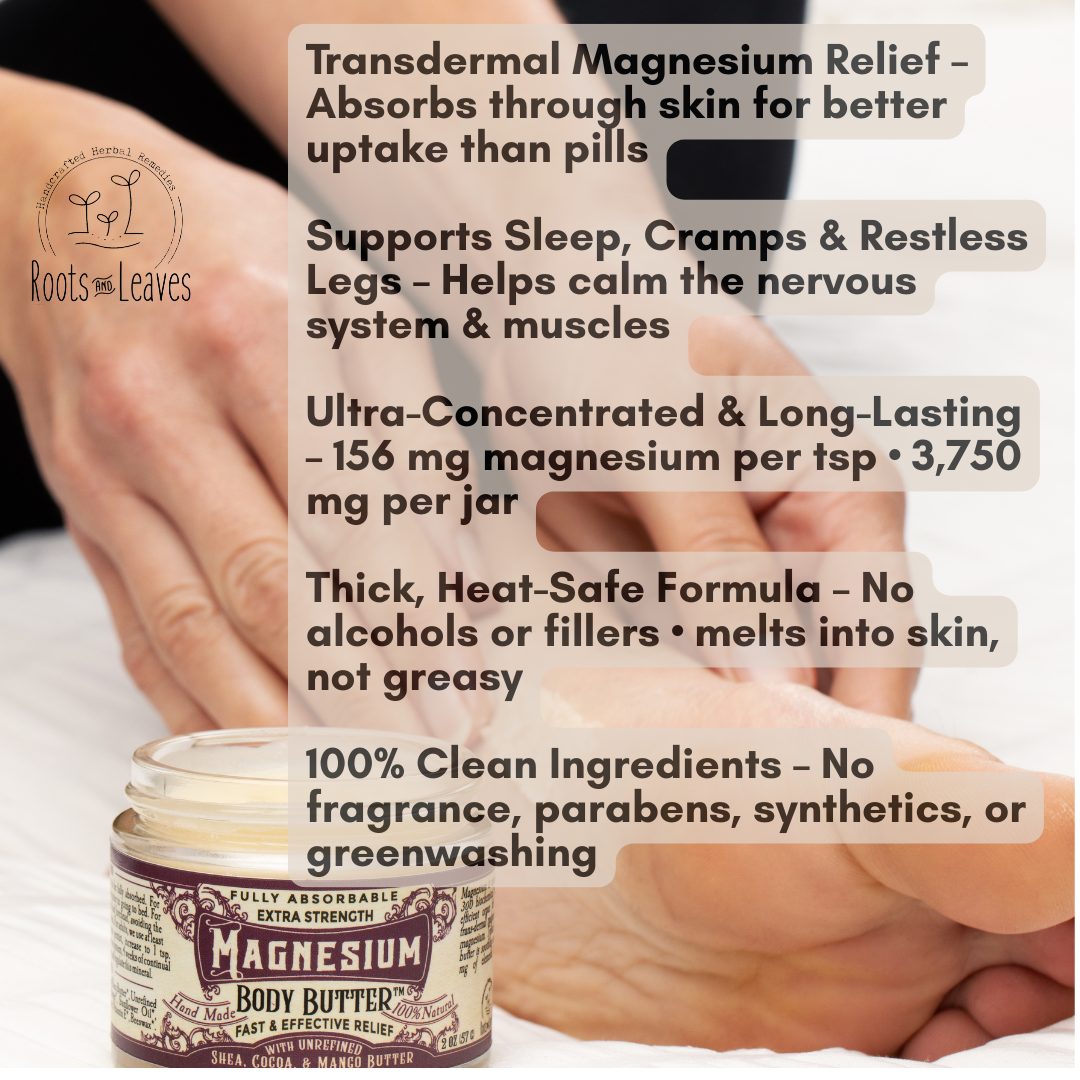 Creamy magnesium body butter by Roots and Leaves LLC, smooth texture and rich in magnesium for nourishing skin.