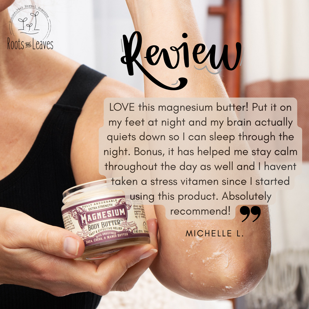 Creamy magnesium body butter by Roots and Leaves LLC, showing a smooth, rich texture in a jar for nourishing skin.