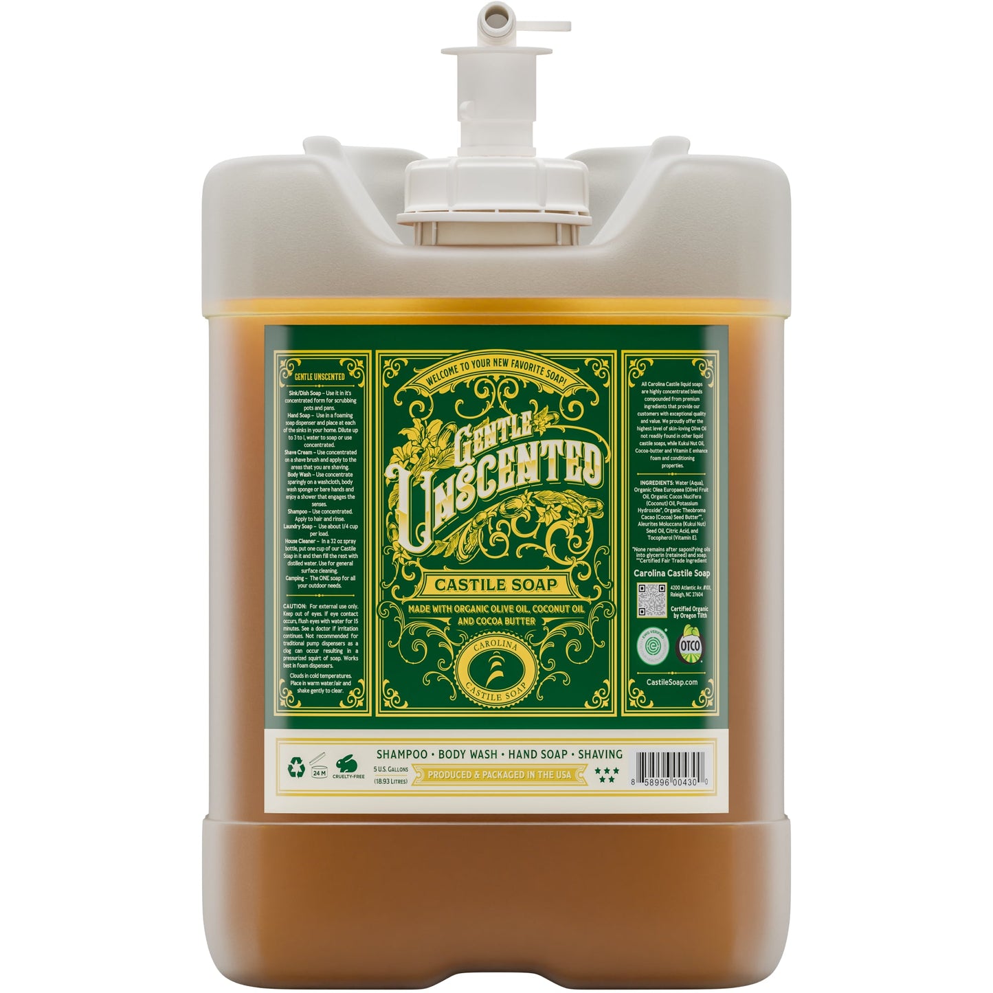 Gentle unscented Carolina Castile Soap bottle with a white label and pump dispenser on a white background