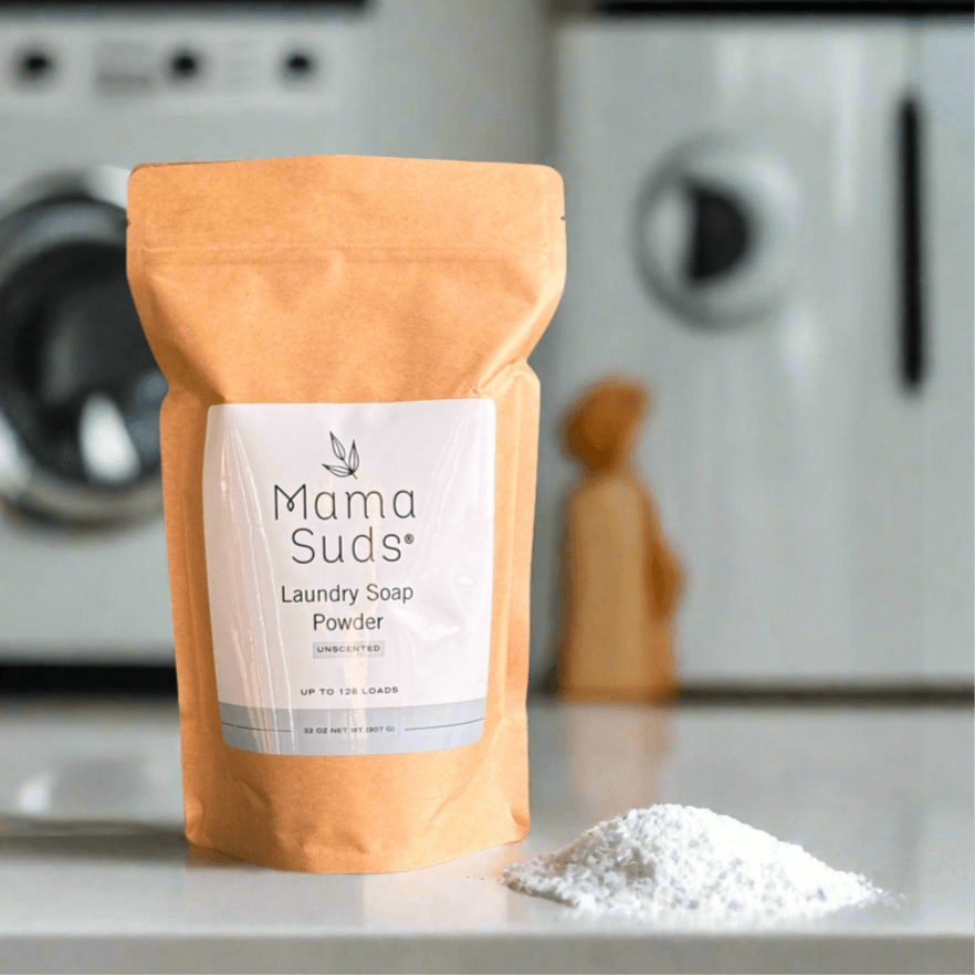 Unscented MamaSuds laundry soap powder in a white box, designed for household cleaning and laundry use.