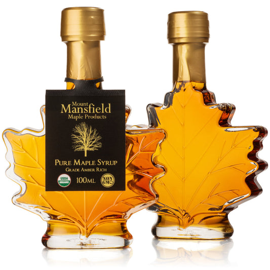 Pair of 100ml Vermont Maple Leaf favor bottles of organic pure Vermont maple syrup from Mount Mansfield Maple Products.