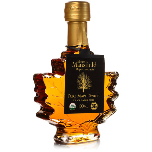 100ml Vermont maple leaf favor bottle of organic pure Vermont maple syrup by Mount Mansfield Maple Products.