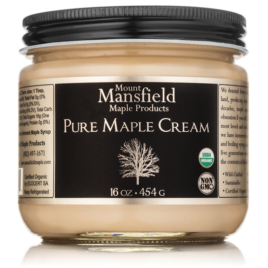 Organic Vermont Maple Cream by Mount Mansfield Maple Products, smooth and creamy maple spread in a 16oz jar.