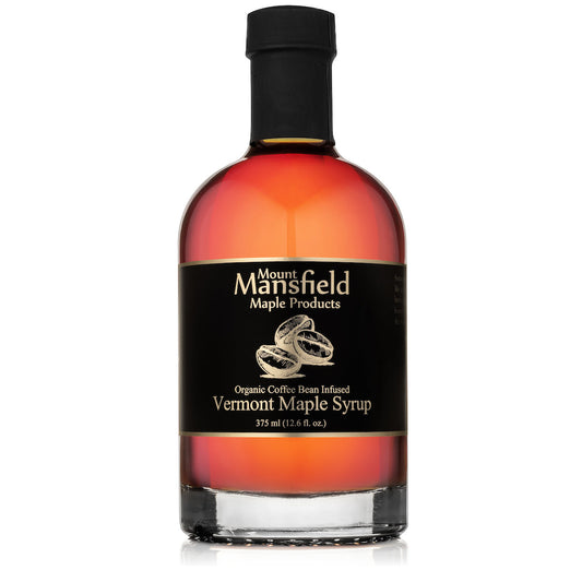 Organic Vermont maple syrup infused with coffee beans from Mount Mansfield Maple Products in a 375ml bottle.