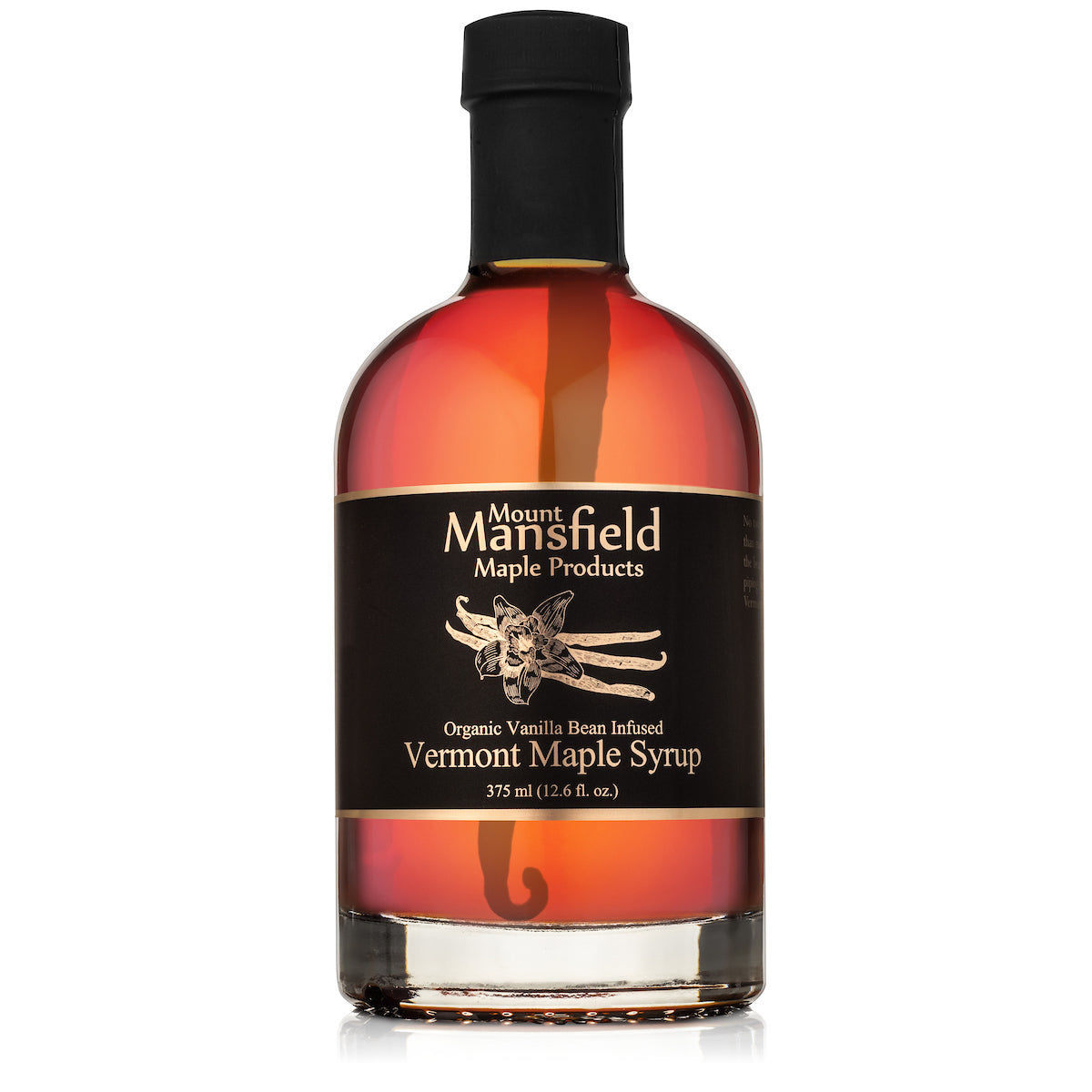 Vermont maple syrup infused with vanilla bean from Mount Mansfield Maple Products, in a 375ml glass bottle.