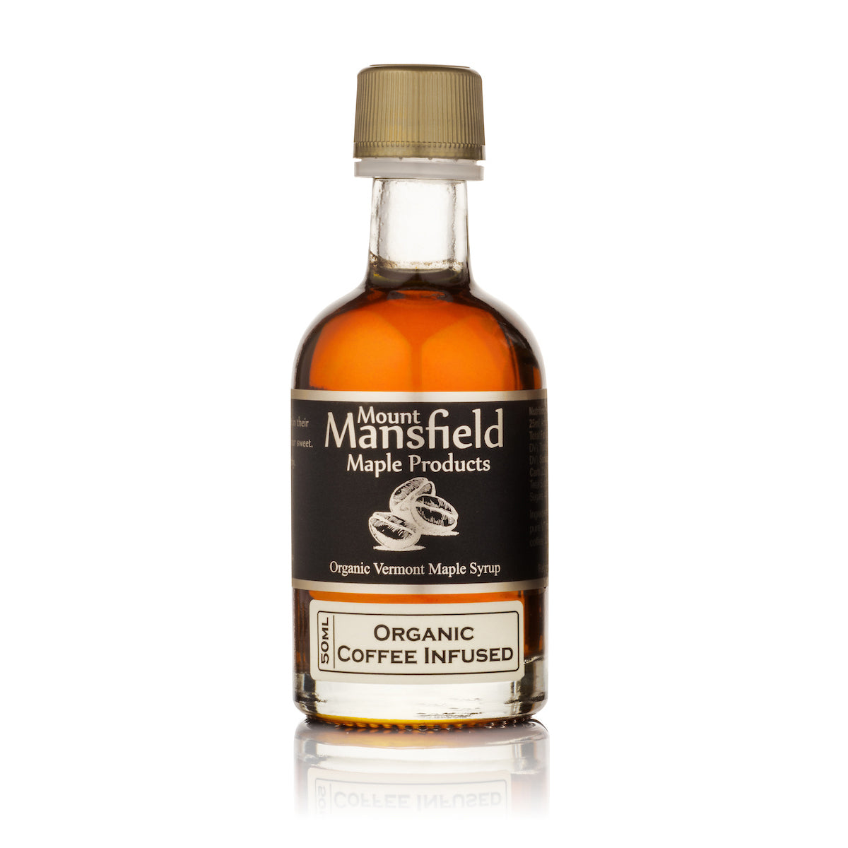 50ml Mount Mansfield Maple Products coffee bean infused Vermont maple syrup bottle with a clear label and golden syrup inside.