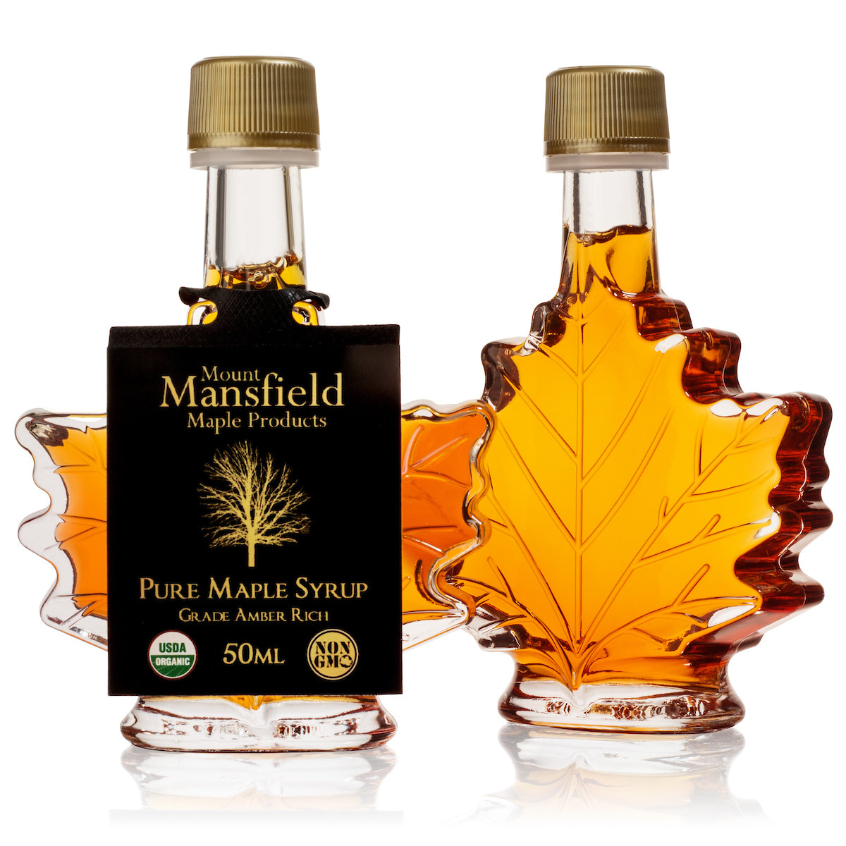 Pair of 50ml Vermont maple leaf favor bottles of organic pure Vermont maple syrup from Mount Mansfield Maple Products.