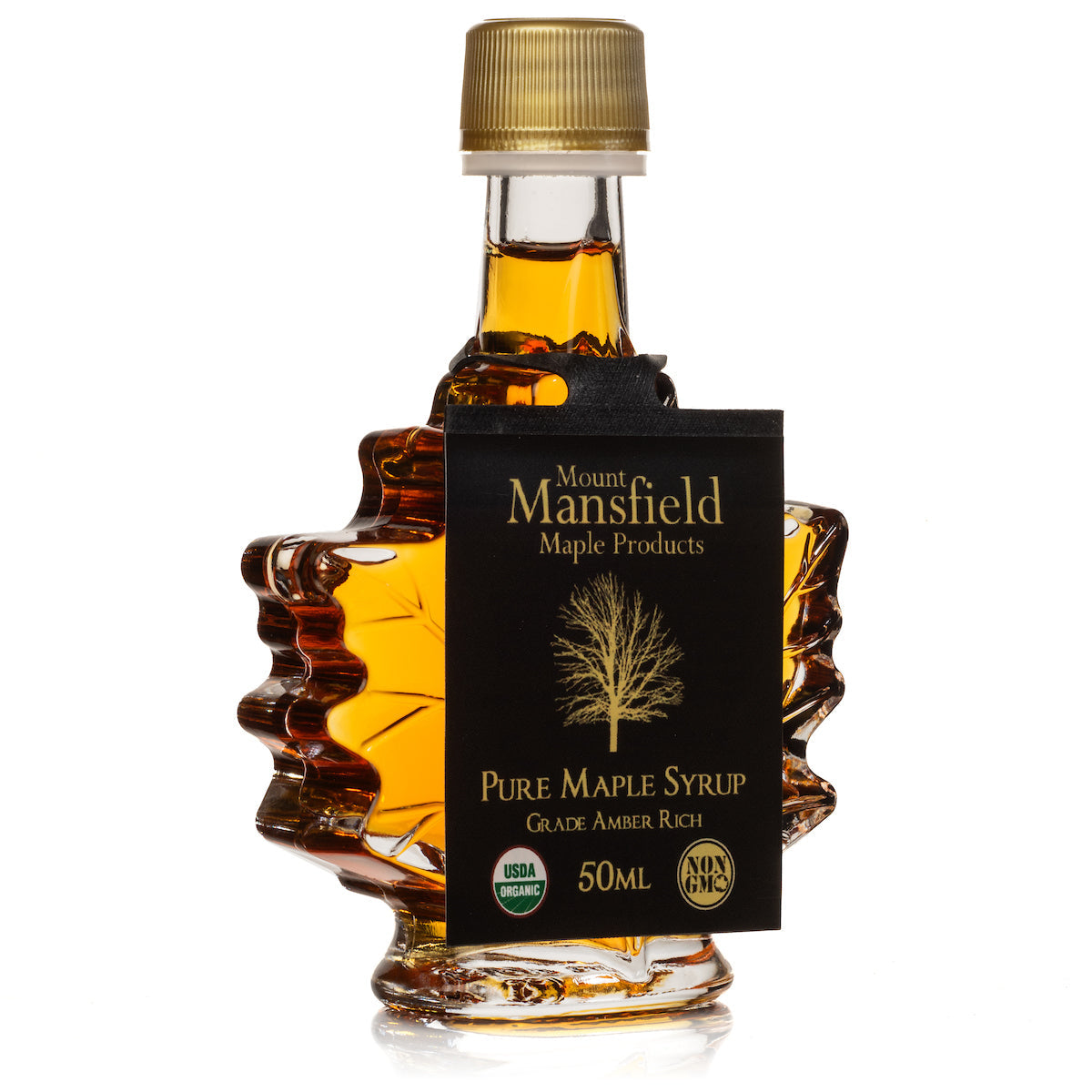 50ml Vermont maple leaf favor bottle of Mount Mansfield Maple Products organic pure Vermont maple syrup, featuring a maple leaf design.