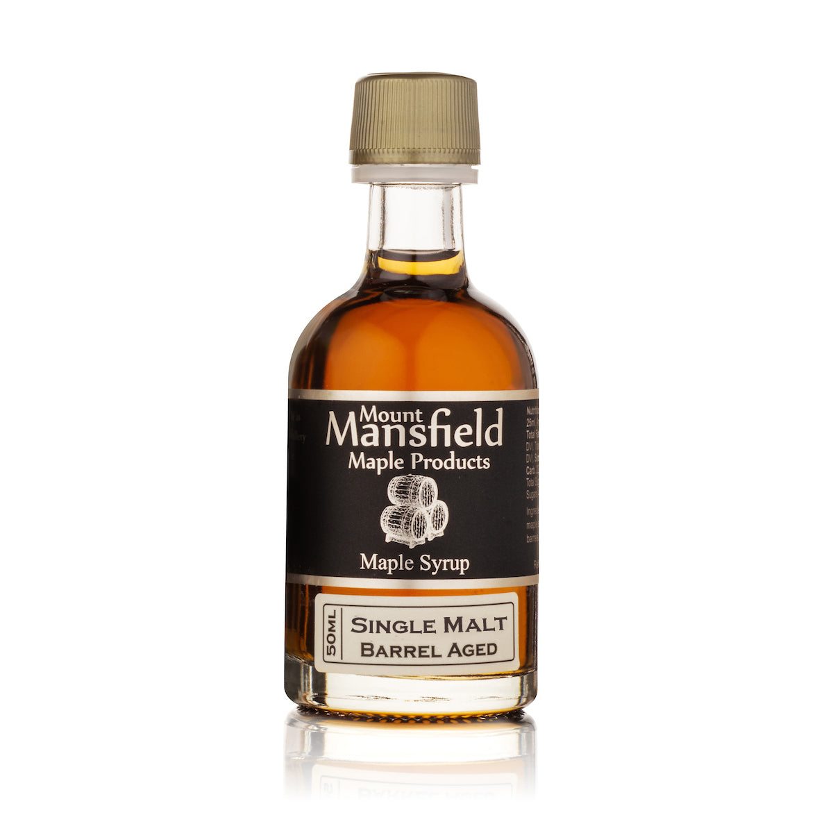 Bottle of Mount Mansfield Barrel Aged Vermont Maple Syrup with a label, showcasing the rich amber color in a clear glass bottle.