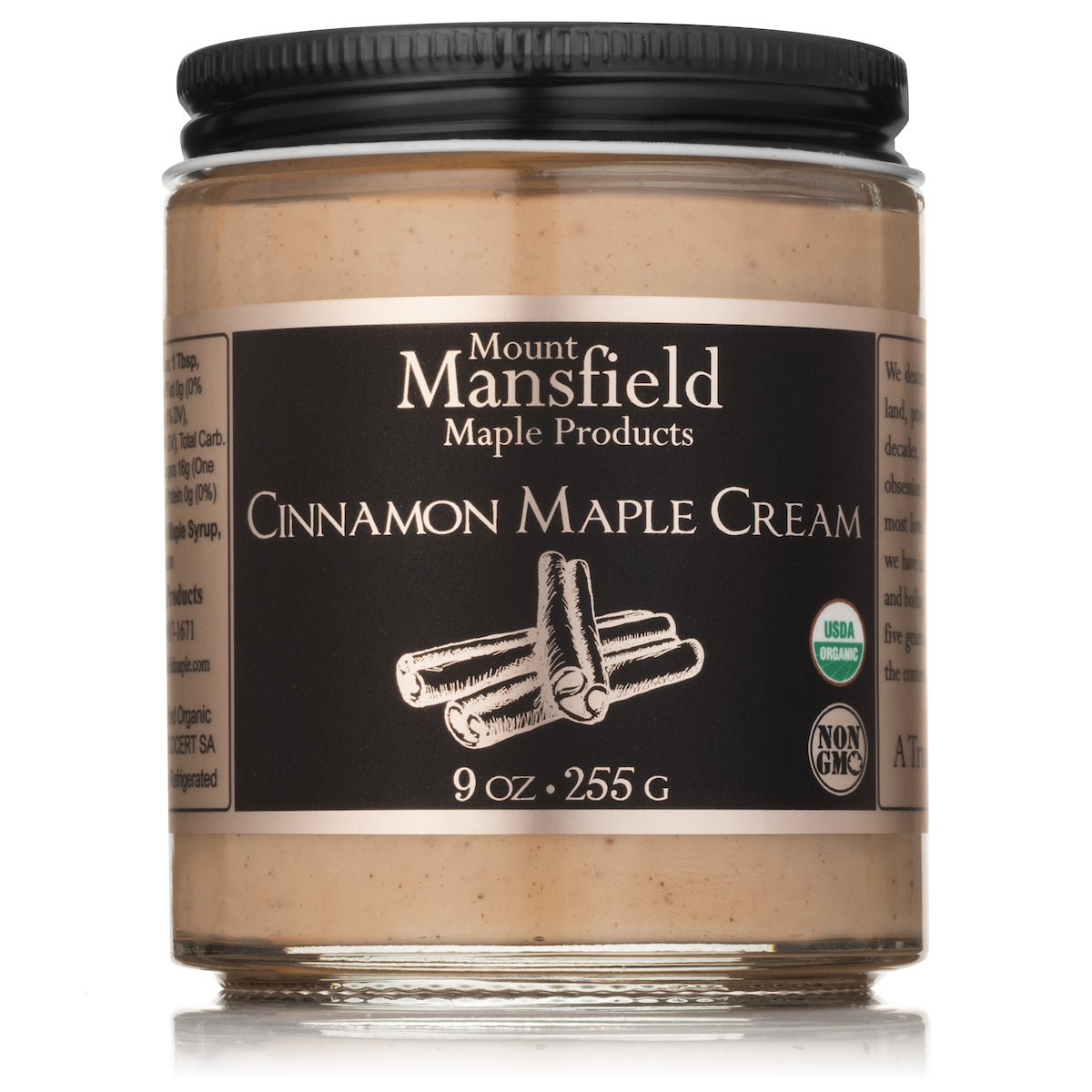 Creamy Vermont maple cream infused with cinnamon from Mount Mansfield Maple Products, in a 9oz jar.