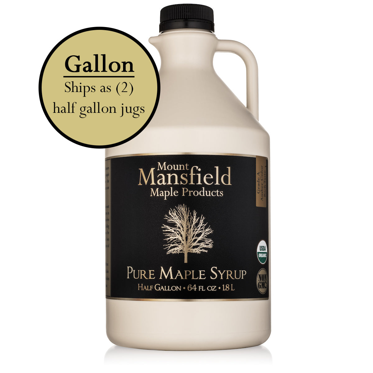 Organic Vermont maple syrup in a plastic jug with Mount Mansfield Maple Products branding and a maple leaf badge.