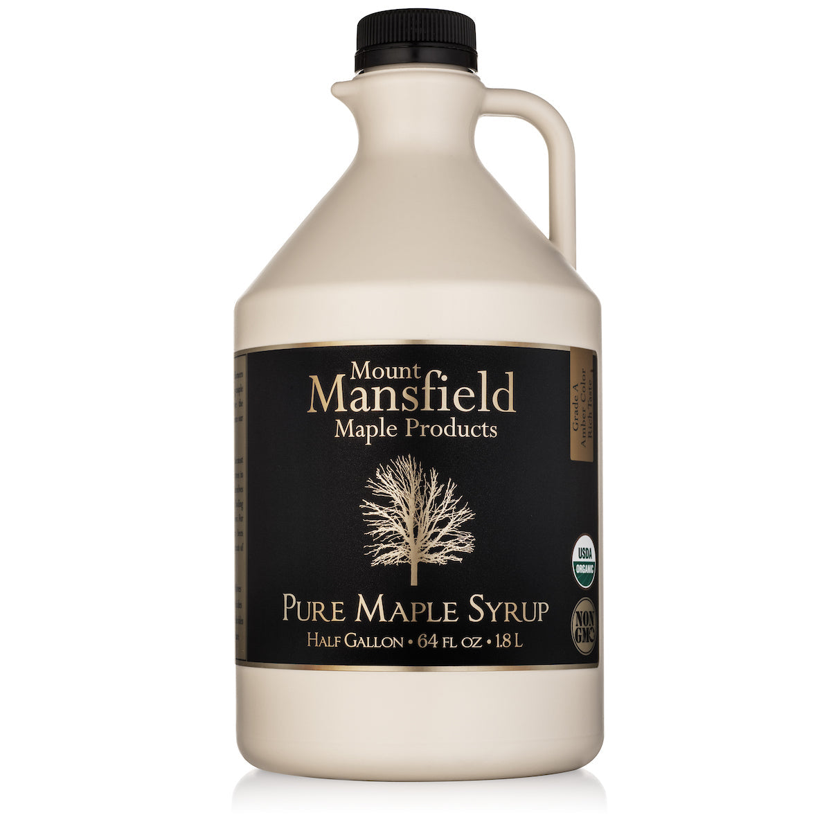 Organic Vermont Maple Syrup in a plastic jug by Mount Mansfield Maple Products, showing the amber syrup inside.