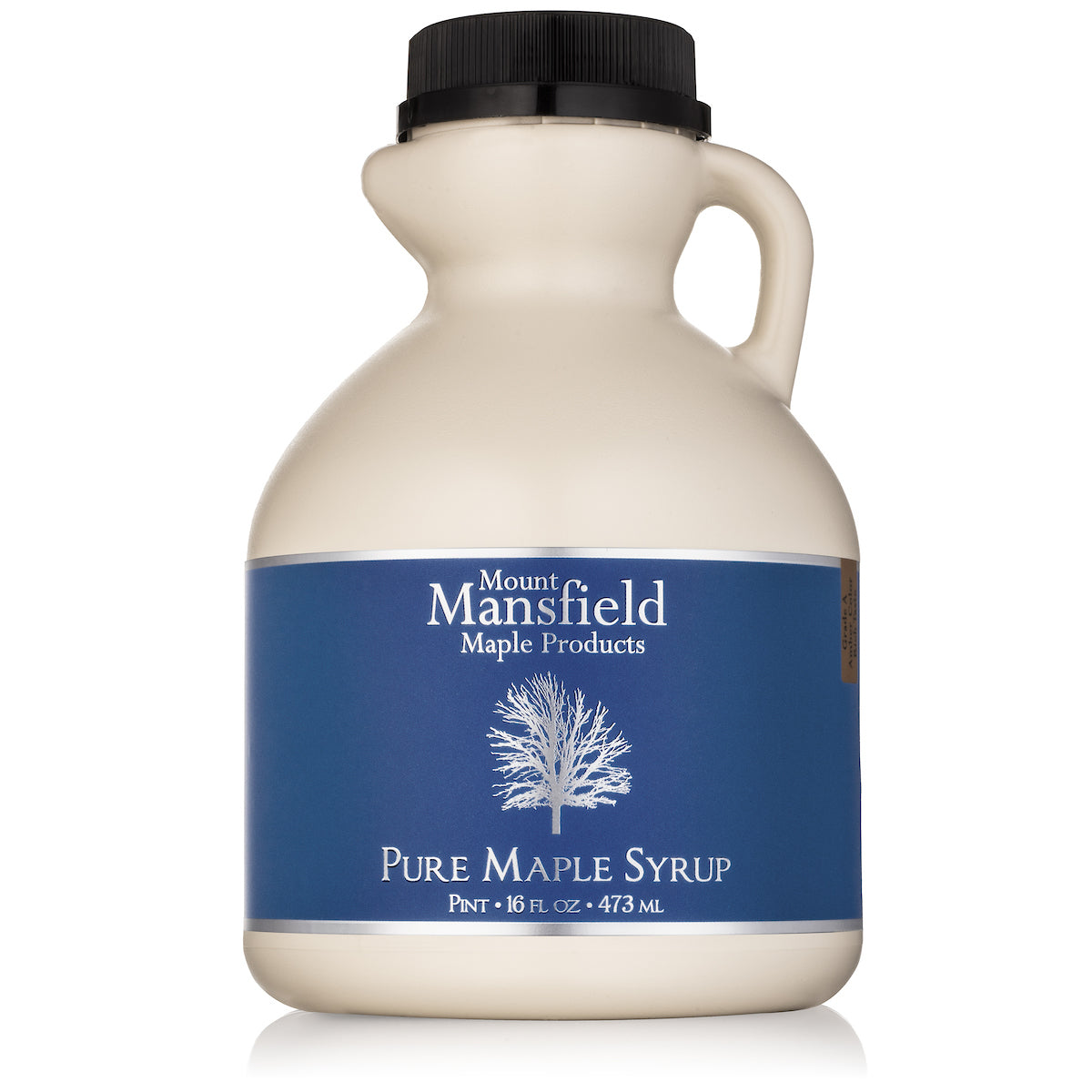 Pure Vermont maple syrup in a plastic jug by Mount Mansfield Maple Products, showcasing the syrup's amber color and label.