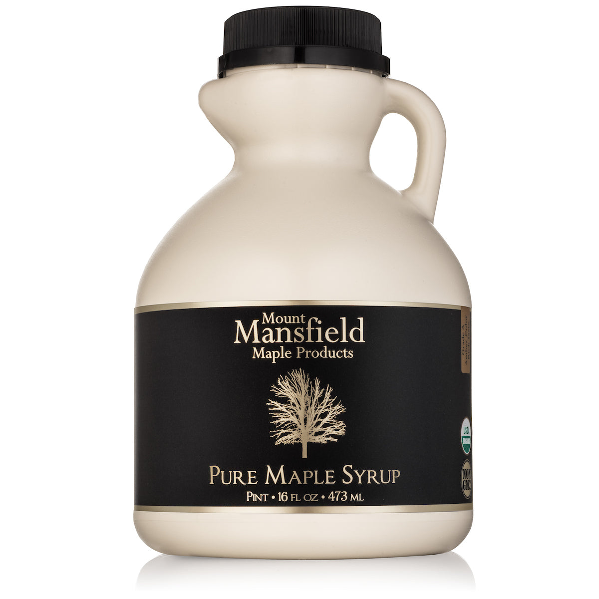 Organic Vermont maple syrup in a plastic jug by Mount Mansfield Maple Products, showing rich amber syrup inside.