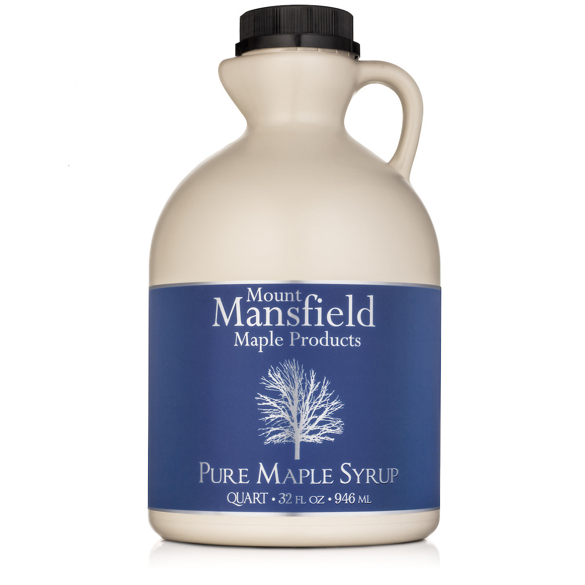Pure Vermont Maple Syrup in a plastic jug by Mount Mansfield Maple Products, showcasing the rich amber syrup inside.