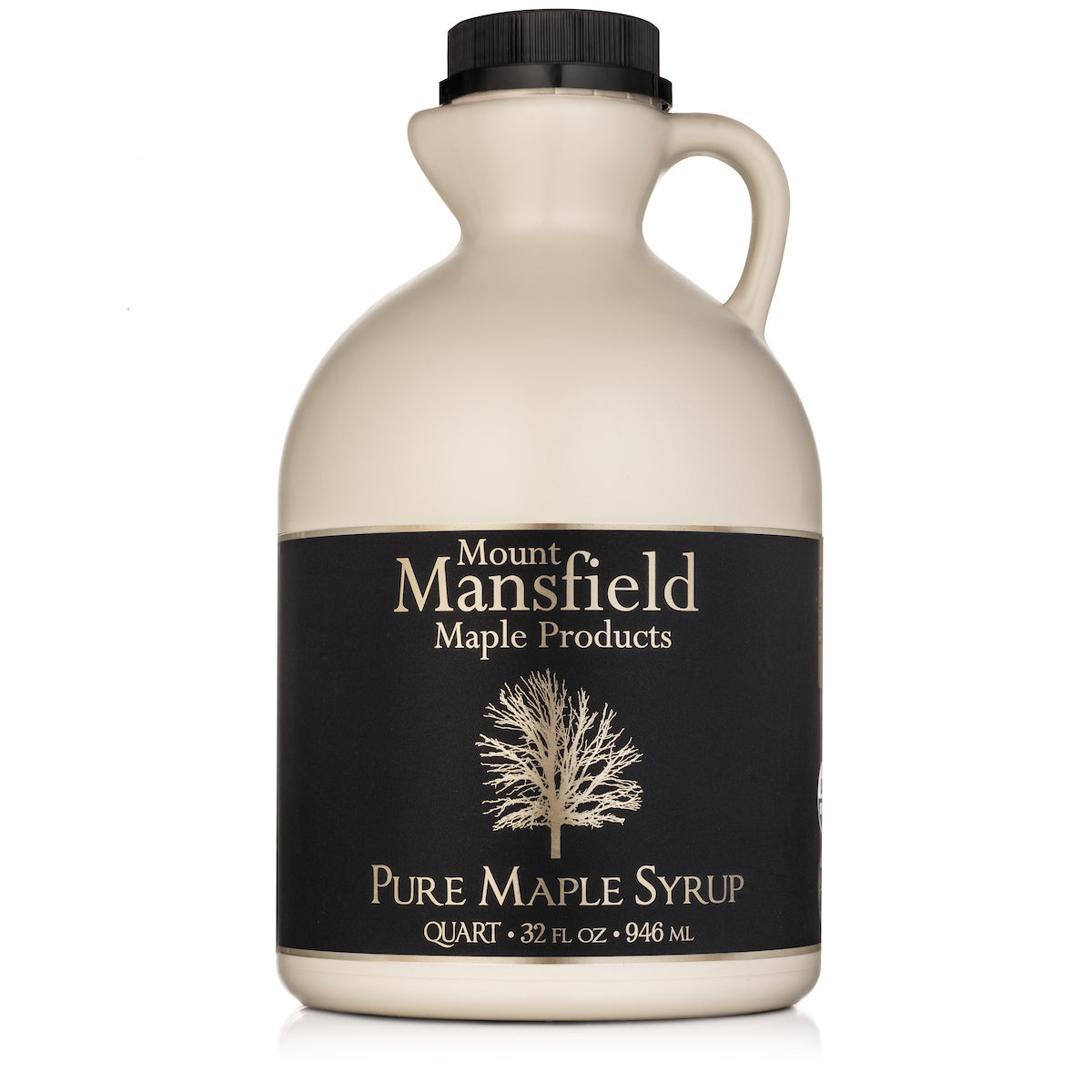 Organic Vermont maple syrup in a plastic jug by Mount Mansfield Maple Products, showcasing the rich, amber syrup.