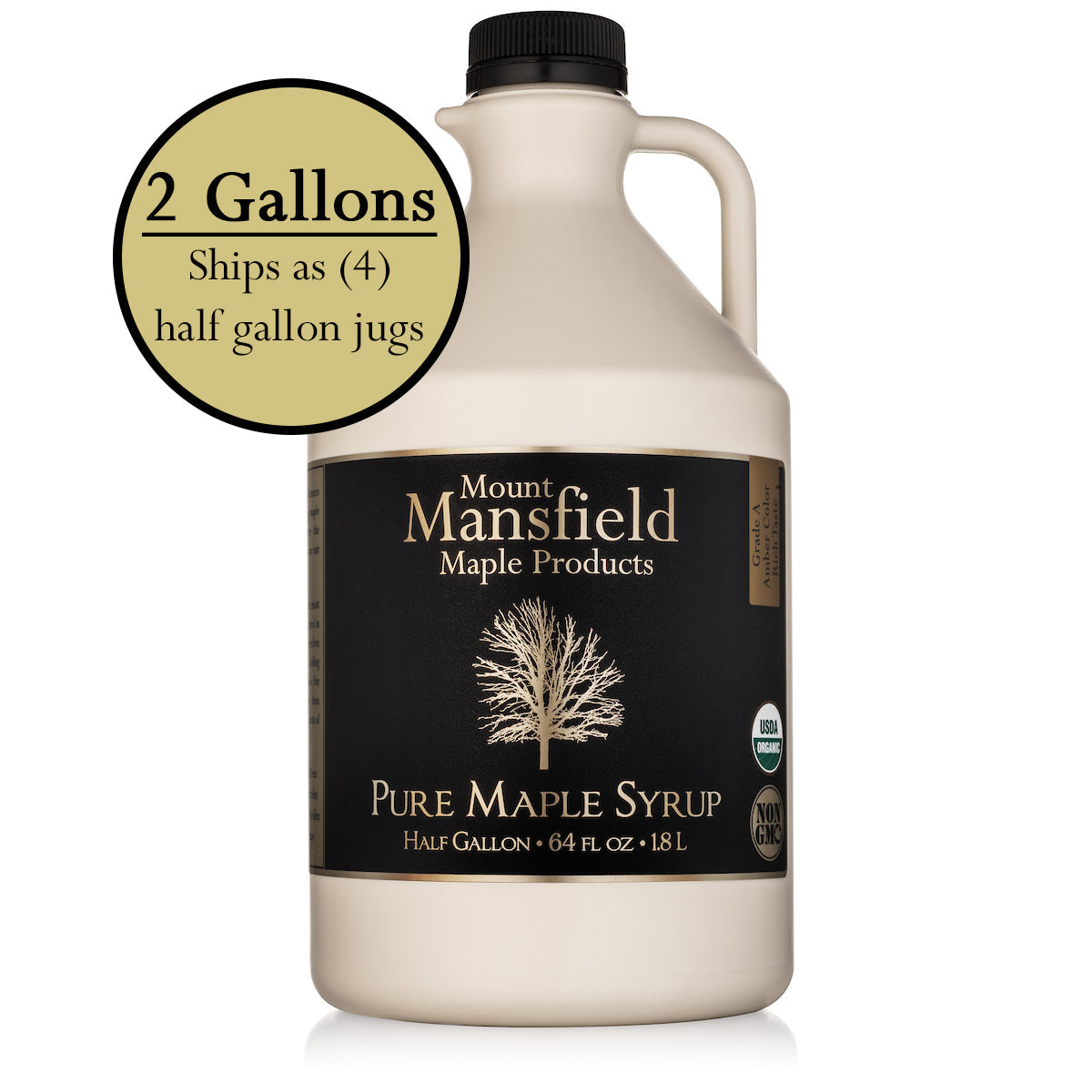 Organic Vermont Maple Syrup in a plastic jug by Mount Mansfield Maple Products, showcasing the two-gallon container.