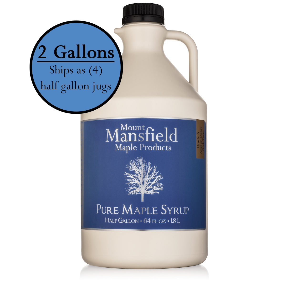 Two-gallon plastic jug of Mount Mansfield Maple Products Pure Vermont Maple Syrup, featuring a clear label and green screw cap.
