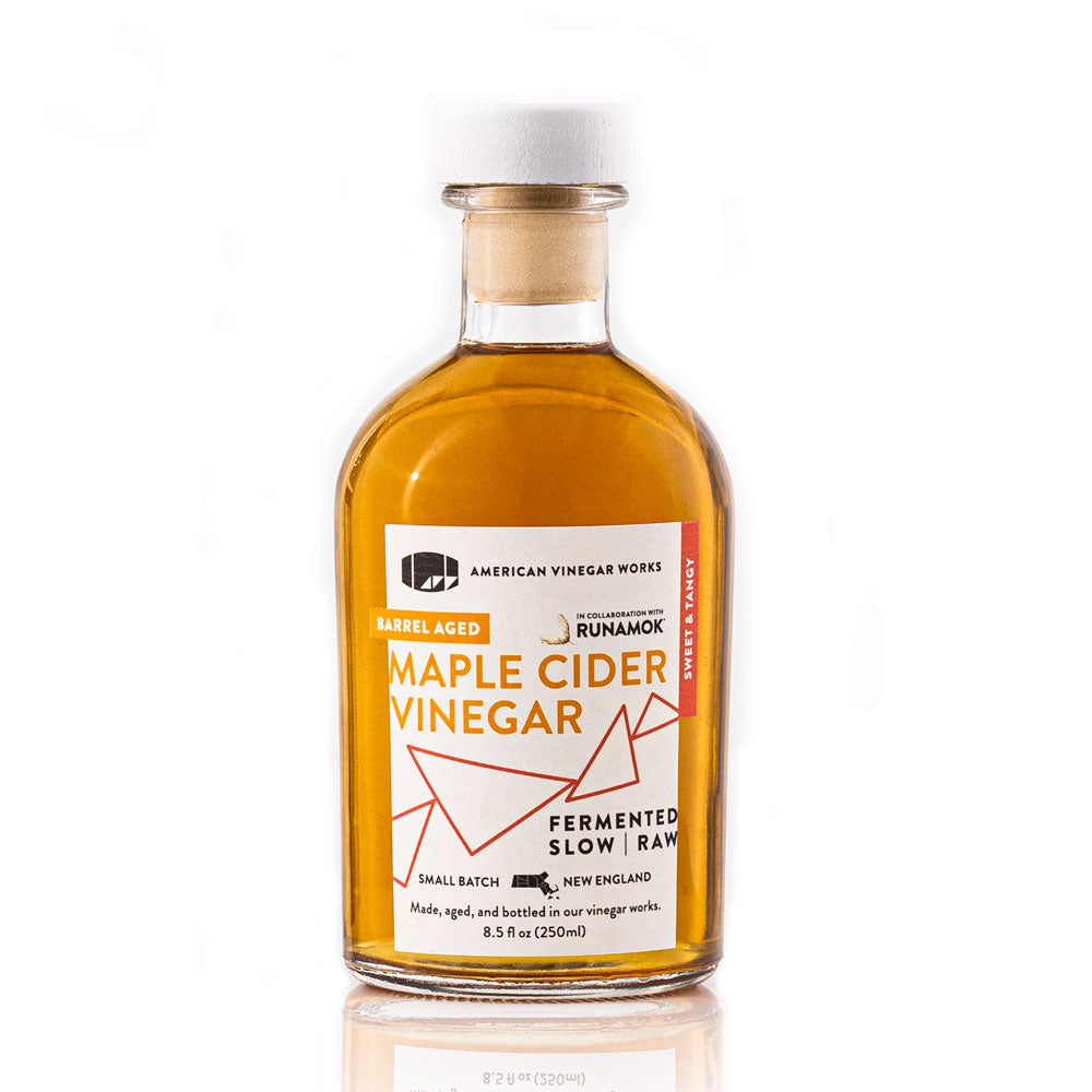 Front view of American Vinegar Works Maple Cider Vinegar bottle featuring Runamok collaboration label.