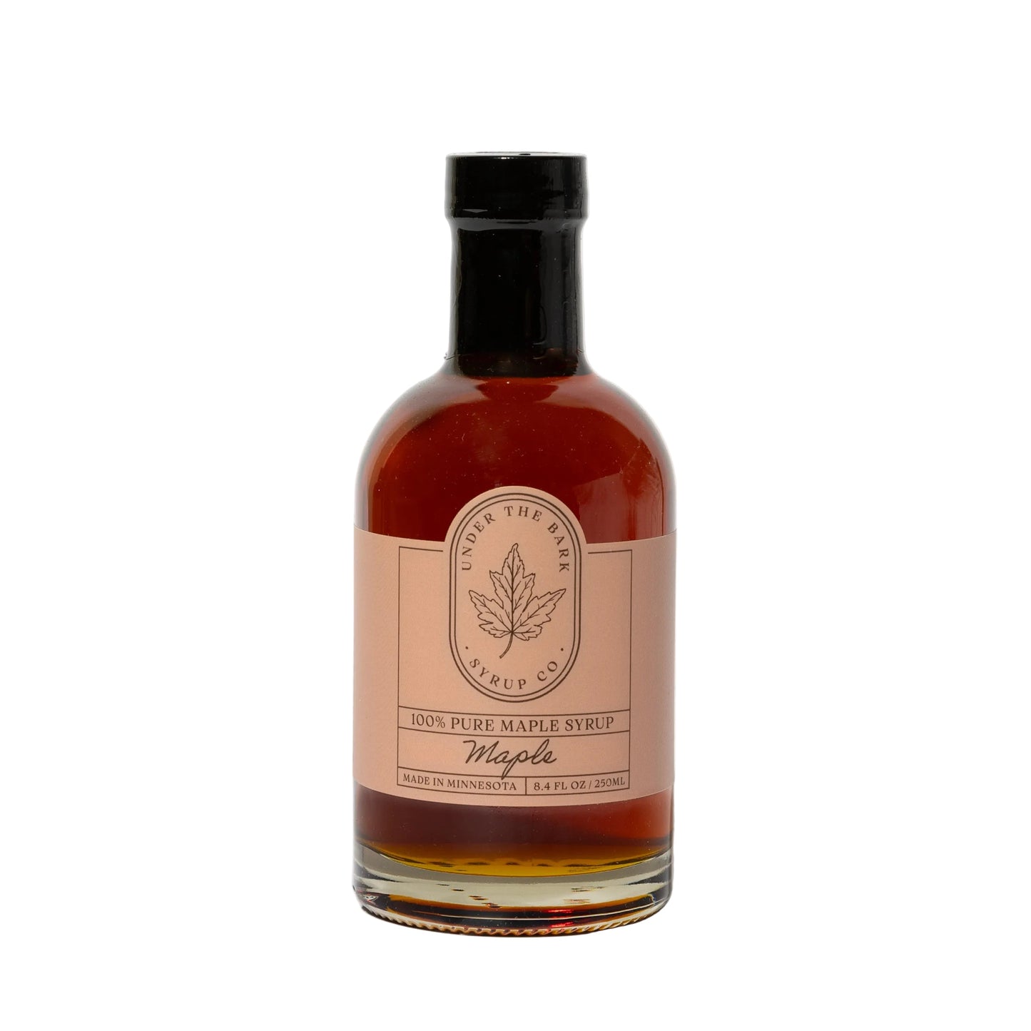 8oz bottle of Under The Bark Syrup Co maple syrup, showing the glass container filled with golden maple syrup.