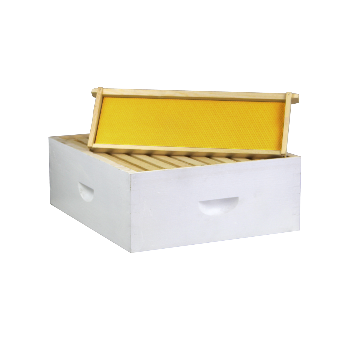 Galena Farms 10-frame painted honey super with assembled frames and wax-coated foundation for beekeeping hive expansion.