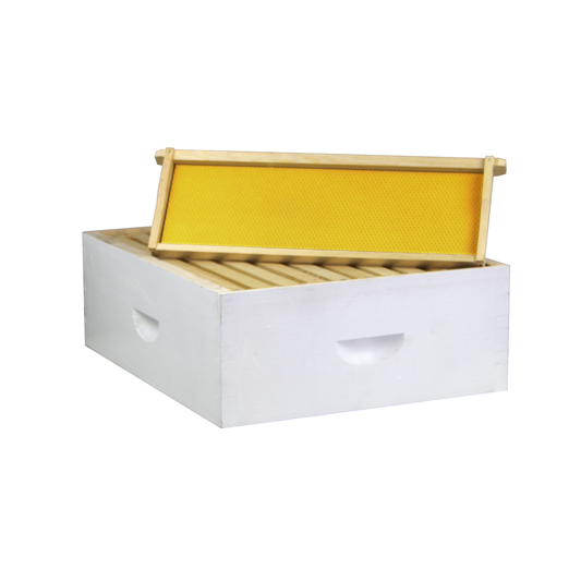 Galena Farms 10-frame painted honey super with assembled frames and wax-coated foundation for beekeeping hive expansion.