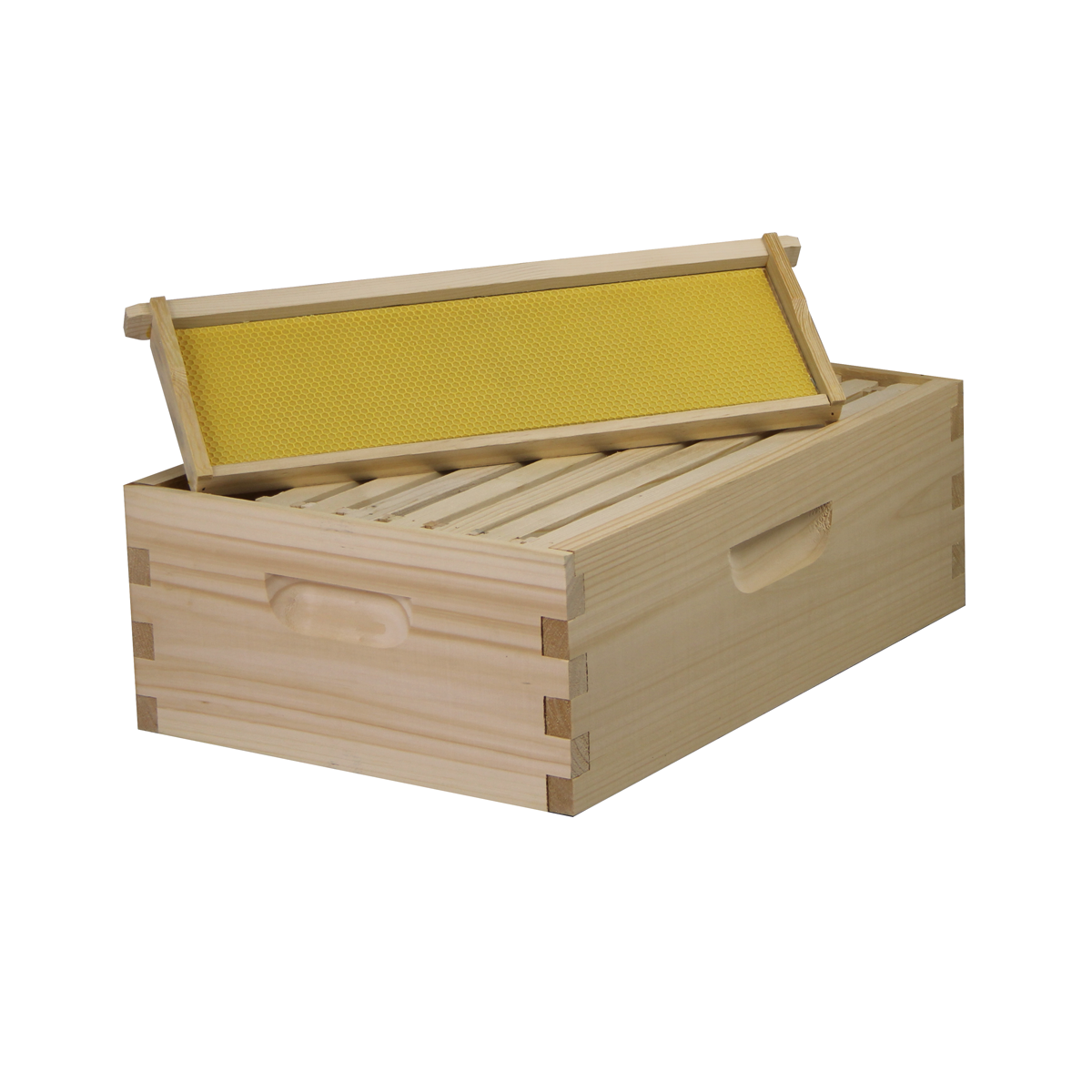 Medium honey super with assembled frames and wax-coated foundations from Galena Farms for beekeeping hive expansion.