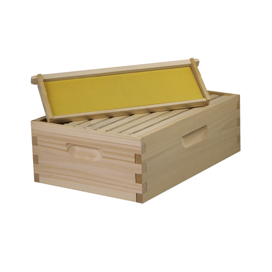 Galena Farms medium honey super with assembled frames and wax-coated foundations, ready for beekeeping hive expansion.