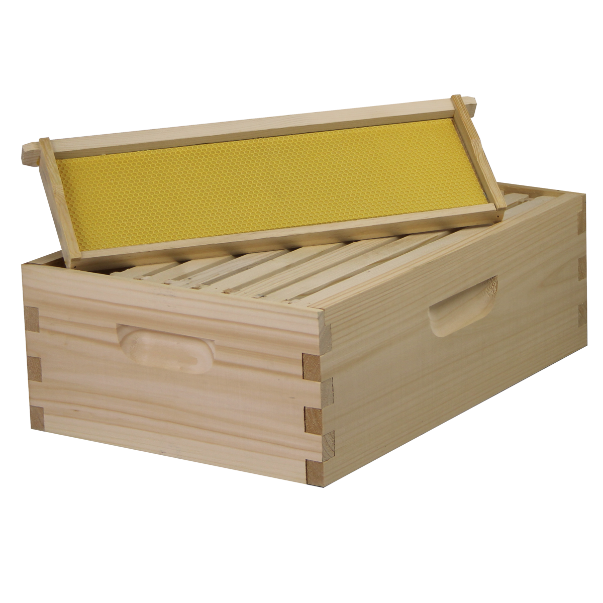 Medium box with a propped beehive frame in a Galena Farms 8-frame complete beehive kit, Amish-made with wax-coated foundations.