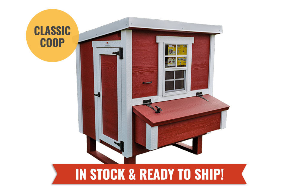 Red classic medium chicken coop by OverEZ, designed for up to 10 chickens, with a spacious outdoor run and secure nesting boxes.