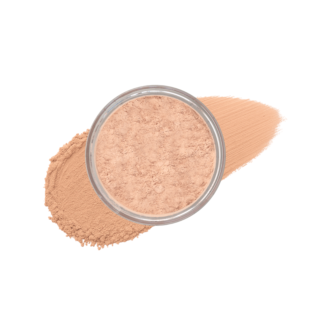 Medium jar of Taylor Made Organics loose mineral foundation with a scoop of powder visible, showcasing natural makeup product.